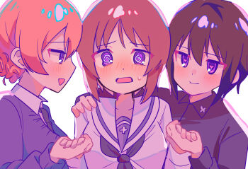 3girls @_@ black_collar black_neckerchief black_necktie blonde_hair blue_eyes blue_sweater blush braid breasts brown_eyes brown_hair closed_mouth collar commentary_request cross darjeeling_(girls_und_panzer) girls_und_panzer grey_shirt highres iron_cross kuromorimine_school_uniform long_hair long_sleeves looking_at_another multiple_girls nape_braid neckerchief necktie nishizumi_maho nishizumi_miho ooarai_school_uniform open_mouth pabu_nami_nami school_uniform serafuku shirt short_hair siblings sisters smile st._gloriana's_school_uniform sweater v-neck white_shirt wing_collar yuri