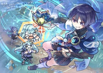 >_< 1boy 2girls ahoge anemo_symbol_(genshin_impact) anger_vein angry aqua_gem aqua_hair arm_at_side armor arms_at_sides black_bodysuit black_bridal_gauntlets black_hair black_sandals black_shorts black_slippers blank_eyes blue_cape blue_dress blue_hair blue_hood blue_kimono blue_sleeves blunt_bangs blunt_ends blush bodysuit bracelet bridal_gauntlets bright_pupils cape chasing choppy_bangs clenched_hands clothing_cutout cowlick detached_sleeves dress drill_hair drill_sidelocks eyeliner facing_another faruzan_(genshin_impact) feathers fleeing flying forest from_above frown furisode gem genshin_impact gold_ring grin gurumin_(gurruguru) hair_between_eyes hair_ornament hakama hakama_shorts hand_up hip_vent hood hood_up japanese_armor japanese_clothes jewelry juban kimono kote kurokote layered_sleeves layla_(genshin_impact) leg_warmers long_hair looking_at_another makeup mandarin_collar middle_ring multiple_girls nature open_clothes open_hands open_kimono open_mouth outdoors outstretched_arms pantyhose pleated_shorts pom_pom_(clothes) purple_eyes red_eyeliner sandals scaramouche_(genshin_impact) scene_reference short_sleeves shorts shoulder_peek side_cape sidelocks slippers smile spoken_character standing stirrup_legwear swept_bangs tetrahedron toeless_legwear toes twin_drills twintails wanderer_(genshin_impact) white_dress white_kimono white_leg_warmers white_pantyhose white_pupils white_sleeves white_trim wind x_hair_ornament yellow_feathers yellow_slippers zouri