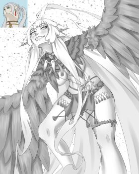 1girl ahoge animal_ears bird_ears blush breasts commentary_request fate/grand_order fate_(series) feather_capelet feathered_wings feathers greyscale harpy highres huge_ahoge jewelry large_breasts loincloth long_hair looking_at_viewer louhi_(fate) louhi_(third_ascension)_(fate) macjohnson2005 meme monochrome monster_girl necklace sharp_teeth sidelocks smile solo teeth tooth_necklace upward_angle_frieren_drawing_(meme) winged_arms wings