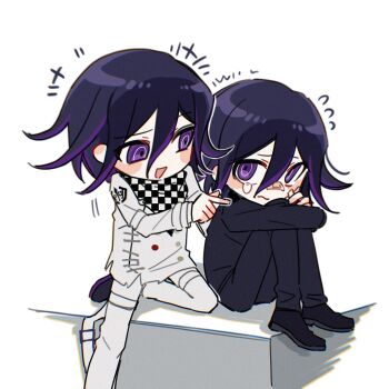 2boys bandaid bandaid_on_face bandaid_on_nose black_hair blush_stickers buttons checkered_clothes checkered_scarf commentary_request danganronpa_(series) danganronpa_v3:_killing_harmony deformed dual_persona flipped_hair gakuran hair_between_eyes hugging_own_legs jacket kneeling knees_up long_sleeves male_focus medium_hair multicolored_buttons multiple_boys oma_kokichi open_mouth pants poking purple_eyes purple_hair ringed_eyes scarf school_uniform short_hair simple_background sitting sweatdrop teardrop thigh_strap tujiang6 two-tone_scarf white_background