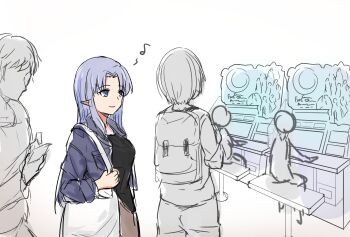 1girl akikame_reina arcade_cabinet backpack bad_id bad_twitter_id bag fate/grand_order fate/grand_order_arcade fate/stay_night fate_(series) highres light_purple_hair long_hair medea_(caster)_(fate) medea_(fate) musical_note pointy_ears queue shoulder_bag sitting smile solo_focus