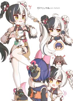 Rule 34 | 3girls, absurdres, animal ears, bare shoulders, belle (zenless zone zero), black gloves, black hair, black shoes, blue hair, china dress, chinese clothes, closed mouth, detached sleeves, dialyn (zenless zone zero), dress, drooling, fake animal ears, full body, gloves, hands up, highres, holding, holding phone, long hair, long sleeves, looking at another, looking to the side, multicolored hair, multicolored nails, multiple girls, multiple views, parted lips, partially fingerless gloves, phone, rabbit ears, shoes, short hair, simple background, single glove, smile, split-color hair, standing, standing on one leg, thighhighs, two-tone hair, white background, white dress, white hair, white thighhighs, ye shunguang, yoshinao (yoshinao 0203), zenless zone zero