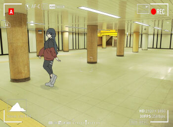 1girl backrooms_(creepypasta) black_hair black_jacket black_leggings blue_eyes blunt_bangs ceiling_light empty_eyes expressionless fixed-point_camera full_body grey_shoes highres hime_cut hood hooded_jacket hoodie indoors jacket leggings liminal_space long_hair long_sleeves looking_at_viewer looking_back multicolored_jacket nijisanji no_nose official_alternate_costume parted_lips pillar recording red_jacket reflection shirt shoes sidelocks sneakers solo stairs standing standing_on_one_leg tile_floor tiles tsukino_mito tsukino_mito_(sporty) turning_head turtleneck two-tone_jacket variant_set viewfinder virtual_youtuber white_shirt yanagi_(mimimikuri)