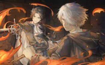 2boys :/ ascot black_gloves black_hair black_robe cape closed_mouth commentary_request curtained_hair cyrus_albright fighting_stance fire fujie_xy gloves grey_eyes hair_over_one_eye highres holding holding_sword holding_weapon hood hood_down hooded_robe layered_sleeves long_sleeves looking_ahead male_focus multiple_boys octopath_traveler octopath_traveler_i one_eye_covered outstretched_arm robe short_over_long_sleeves short_sleeves sword therion_(octopath_traveler) weapon white_ascot white_cape white_hair