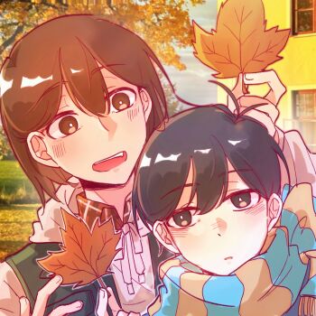 2boys :d alternate_skin_color antenna_hair autumn autumn_leaves behind_another black_eyes black_hair black_jacket blue_scarf blush borrowed_clothes bright_pupils brown_eyes brown_hair brown_shirt building collared_shirt commentary css021125 double-parted_bangs drawstring fang fingernails grey_sky hair_behind_ear hair_between_eyes hand_up highres holding holding_leaf hood hood_down hoodie jacket kel_(faraway)_(omori) kel_(omori) leaf looking_at_another male_focus maple_leaf multiple_boys omori open_clothes open_jacket open_mouth orange_scarf outdoors outline parted_lips photo_background plaid_clothes plaid_shirt portrait red_outline scarf shirt short_hair sky sleeveless sleeveless_jacket smile striped_clothes striped_scarf sunny_(omori) symbol-only_commentary teeth tree two-tone_scarf upper_teeth_only vertical-striped_clothes vertical-striped_scarf very_short_hair white_hoodie white_outline white_pupils