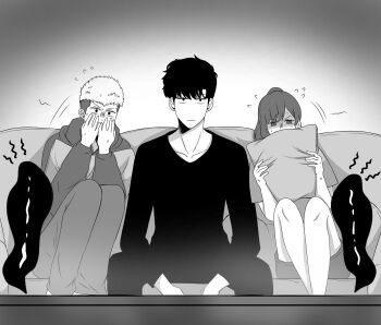 1girl 2boys black_hair brother_and_sister closed_mouth collarbone couch highres hood hoodie long_sleeves momo_fanart monochrome multiple_boys pillow ponytail scared shirt short_hair shorts siblings sitting solo_leveling sung_jin-ah sung_jin-woo yoo_jin-ho