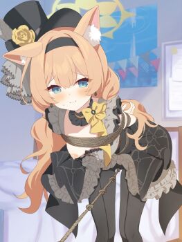 1girl animal_ear_fluff animal_ears arms_behind_back bare_arms bdsm black_dress black_hairband black_hat black_pantyhose black_ribbon blue_archive blue_eyes blunt_bangs blush bondage bound breasts breasts_out bustier cat_ears cat_girl choker clothes_lift collar detached_collar dress earrings embarrassed female_focus flower frilled_choker frilled_collar frilled_dress frills hair_between_eyes hair_flower hair_ornament hair_ribbon hairband hamuta_(machosbrown) hat hat_feather hat_flower hat_ribbon highres jewelry long_hair looking_ahead looking_to_the_side low_twintails mari_(blue_archive) mari_(idol)_(blue_archive) nervous nervous_smile nervous_sweating nipples official_alternate_costume official_alternate_hairstyle open_clothes open_dress orange_hair panties pantyhose patterned_clothing ribbon rope_walking shibari shibari_over_clothes sidelocks skin_tight skindentation skirt skirt_lift sleeveless sleeveless_dress small_breasts smile solo sweat sweatdrop thighs twintails underwear very_long_hair