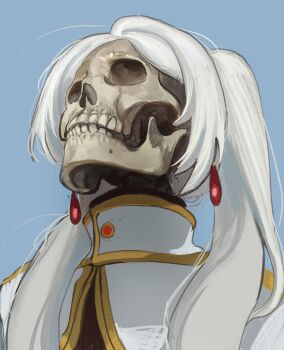 1girl capelet commentary earrings frieren grey_background highres jewelry kkghost_tv long_hair meme simple_background skull solo sousou_no_frieren symbol-only_commentary teeth upward_angle_frieren_drawing_(meme) white_capelet white_hair