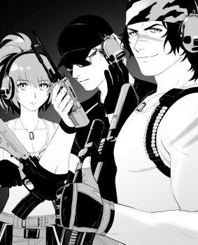 00a3af_231 1girl 2boys assault_rifle bandana baseball_cap clark_still dog_tags fingerless_gloves gloves greyscale gun hat headphones highres holding holding_walkie-talkie ikari_warriors leona_heidern mature_male military monochrome multiple_boys muscular muscular_male ponytail radio_handset ralf_jones rifle sleeveless sniper_rifle sunglasses tank_top the_king_of_fighters the_king_of_fighters_xv walkie-talkie weapon