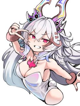 1girl baki_(duel_masters) bangle bracelet breasts brown_hair brown_nails cleavage commentary_request duel_masters gradient_hair hair_between_eyes hair_ornament highres horns jewelry keen67261053417 large_breasts leotard long_hair looking_at_viewer multicolored_hair nail_polish pink_hair playboy_bunny purple_hair red_eyes solo v v_over_eye white_background white_hair white_leotard white_mouth