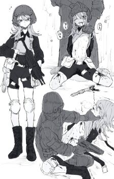 1girl 2boys ammunition_belt ammunition_pouch arms_behind_back bag belt belt_pouch black_footwear black_shirt black_shorts bleeding blood blood_from_mouth blood_on_clothes blood_on_face blood_on_ground bloody_knife bulletproof_vest closed_eyes clothed_male_nude_female clothes_lift combat_helmet dress_shirt facing_to_the_side facing_viewer female_orgasm grimace gun h&amp;k_mp5 hand_on_another's_head helmet holding holding_gun holding_weapon holster injury knee_pads kneeling knife leaning_back load_bearing_vest looking_at_another looking_at_viewer messenger_bag military_uniform monochrome multiple_boys nude on_ground one_eye_closed open_belt open_mouth open_pants orgasm original pants pee pouch rape red_hod restrained saliva shirt shirt_lift shorts shoulder_bag shoulder_holster sleeves_rolled_up speech_bubble strangling submachine_gun sweatdrop thigh_belt thigh_holster thigh_strap trembling vaginal weapon wet_pants white_background