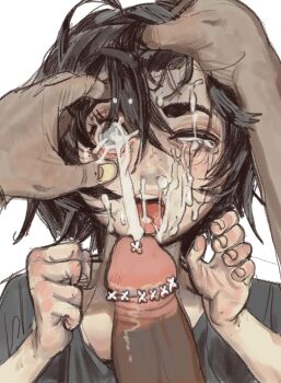 1boy 1girl age_difference black_hair black_shirt blind sophie_(popopoka) cum cum_in_eye cum_in_mouth cum_in_nose cum_on_body ejaculation erection facial fellatio loli mossacannibalis one_eye_closed oral penis penis_grab shirt short_hair source_request sweat sweatdrop tagme tears