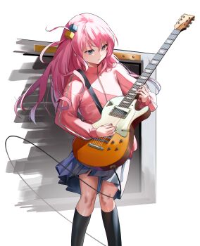 1girl absurdres black_socks blue_eyes blue_skirt bocchi_the_rock! commentary_request cube_hair_ornament electric_guitar eredhen gotoh_hitori guitar hair_ornament highres instrument jacket kneehighs long_hair miniskirt pink_hair pink_jacket pleated_skirt skirt socks solo track_jacket