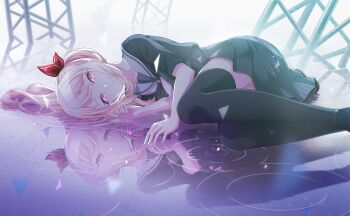 1other akiyama_mizuki black_neckerchief black_shirt black_skirt black_thighhighs closed_mouth club_(shape) colorful_palette game_cg highres neckerchief official_art pink_eyes pink_hair pink_neckerchief project_sekai reflection ripples sailor_collar shirt side_ponytail skirt smile solo striped_clothes striped_skirt thighhighs third-party_source triangle two-tone_neckerchief white_sailor_collar