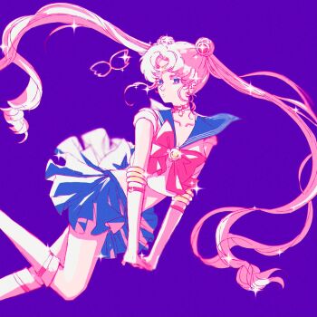 bishoujo_senshi_sailor_moon blonde_hair blue_eyes blue_sailor_collar bow choker crescent crescent_choker crescent_earrings double_bun earrings elbow_gloves ere_(1231_kuro_96) gloves hair_bun hair_ornament highres jewelry long_hair red_bow red_choker sailor_collar sailor_moon sailor_senshi_uniform skirt solo tsukino_usagi twintails white_gloves