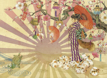 1girl alien-d animal_ears black_hair branch closed_mouth commentary_request creature dice fine_art_parody fish flower from_side goldfish hay holding holding_umbrella japanese_clothes kimono lantern nihonga original painting_(medium) parasol parody pink_flower plum_blossoms purple_kimono raccoon_ears raccoon_girl raccoon_tail red_lips red_umbrella rising_sun_flag short_hair standing sunburst tail tassel tortoise traditional_media traditional_youkai tree turtle umbrella white_flower wide_shot yukata