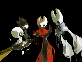 2girls 2others arthropod_girl black_background black_eyes blankowalska brown_hair cloak colored_skin full_body grand_mother_silk_(hollow_knight) grey_cloak hat holding hollow_eyes hollow_knight hollow_knight:_silksong horned_mask hornet_(hollow_knight) knight_(hollow_knight) lace_(hollow_knight) long_sleeves looking_at_viewer mask multiple_girls multiple_others pale_king_(hollow_knight) phantom_(hollow_knight) red_cloak short_hair simple_background sitting standing white_eyes white_hat white_mask