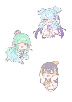 Rule 34 | 3girls, :d, black hair, blonde hair, blue hair, blush, chibi, commentary, earrings, edage 18, elira pendora, elira pendora (1st costume), english commentary, fangs, finana ryugu, finana ryugu (1st costume), fins, fish hair ornament, folded ponytail, full body, green hair, hair ornament, hair over one eye, head fins, head wings, highres, jewelry, long hair, low wings, multiple girls, neckerchief, nijisanji, nijisanji en, open mouth, petra gurin, petra gurin (1st costume), purple eyes, short hair, simple background, single earring, smile, virtual youtuber, white background, wings, yellow neckerchief