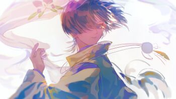 1boy blunt_ends brown_hair clothing_cutout colored_skin dfish2_0 eyeliner eyeshadow feathers fingernails floral_print_veil genshin_impact hair_over_one_eye hand_up highres japanese_clothes kariginu long_sleeves looking_at_viewer makeup male_focus open_hand parted_lips pastel_colors pink_skin pom_pom_(clothes) purple_eyes purple_sleeves red_eyeliner red_eyeshadow scaramouche_(genshin_impact) scaramouche_(kabukimono)_(genshin_impact) see-through_clothes see-through_veil shoulder_cutout solo string tsurime veil white_background white_mouth white_sleeves white_veil yellow_feathers