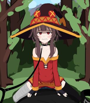 1boy 1girl bare_shoulders bdsm black_gloves black_thighhighs blush brown_hair brown_hat collar collarbone commentary dress fingerless_gloves flat_chest girl_on_top gloves hat highres kono_subarashii_sekai_ni_shukufuku_wo! kurokimoko leash loli long_sleeves megumin outdoors red_dress red_eyes short_dress short_hair_with_long_locks sidelocks single_thighhigh sketch slave straddling sweatdrop symbol-only_commentary thighhighs witch_hat