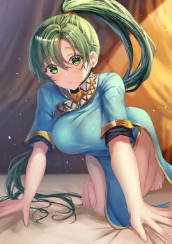 1girl absurdres all_fours arerex arm_support bare_legs barefoot blue_dress breasts commentary dress feet fire_emblem fire_emblem:_the_blazing_blade green_eyes green_hair highres indoors kneeling large_breasts long_hair looking_at_viewer lyn_(fire_emblem) nintendo on_bed ponytail side_slit solo thighs very_long_hair