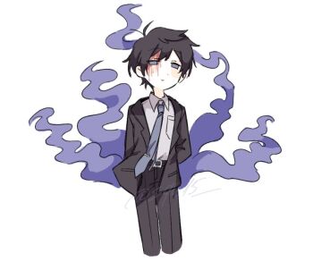 1boy akinashi_haru antenna_hair arms_behind_back belt black_belt black_hair black_pants black_suit blood blood_from_forehead blue_eyes blue_necktie blush breast_pocket collared_shirt cowboy_shot cropped_legs dress_shirt formal_clothes hashtag-only_commentary necktie no_sclera pants pocket saihate_eki shirt short_hair smile smoke solo squ15 suit white_shirt