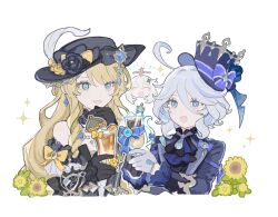 Rule 34 | 3girls, :d, ahoge, ascot, bare shoulders, black ascot, black flower, black gloves, black hat, black shirt, blonde hair, blue brooch, blue eyes, blue hair, commentary, cup, curly hair, drill hair, drill sidelocks, drink, drop-shaped pupils, earrings, flower, frilled sleeves, frills, furina (genshin impact), genshin impact, gloves, hair between eyes, hat, hat feather, hat flower, heterochromia, highres, holding, holding cup, holding drink, jewelry, long hair, long sleeves, medium hair, mismatched pupils, multicolored hair, multiple girls, navia (genshin impact), open mouth, paimon (genshin impact), shima (vivi do), shirt, short hair, sidelocks, simple background, smile, sparkle, sparkling eyes, streaked hair, sunflower, symbol-only commentary, symbol-shaped pupils, toasting (gesture), top hat, upper body, white background, white gloves, white hair, yellow flower