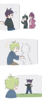 4boys ^^^ against_wall ahoge amami_rantaro antenna_hair beanie belt belt_buckle black_belt black_eyes black_hair black_hat black_jacket black_pants black_shoes blue_pants blue_shirt blush_stickers breast_pocket brown_hair brown_pants buckle cigarette closed_mouth coat collared_jacket commentary_request cropped_legs cropped_torso danganronpa_(series) danganronpa_v3:_killing_harmony disappearance_outline dress_shoes ear_piercing faceless faceless_male fake_horns from_side full_body grass green_eyes green_hair hair_between_eyes half-closed_eyes hand_up hands_in_pockets hands_on_own_hips happy hat height_difference high_collar highres horned_headwear horns hoshi_ryoma jacket leather leather_jacket long_sleeves male_focus messy_hair momota_kaito motion_lines mouth_hold multiple_boys multiple_piercings open_clothes open_coat outdoors outstretched_arm pants piercing pink_coat pocket print_headwear print_shirt purple_eyes purple_hair purple_pants r&#039;l_(arul-erur-plant-403) reaching saihara_shuichi sequential shaded_face shirt shoes short_hair short_male single_ankle_cuff spiked_hair striped_clothes striped_pants striped_shirt talking two-tone_pants vertical-striped_sleeves white_background white_shirt wide-eyed yellow_eyes
