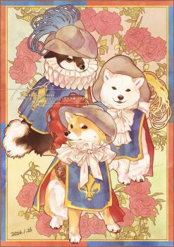 animal animal_focus blue_cape cape dated dog floral_background flower grey_hat hat hat_feather highres no_humans red_flower red_rose ribbon rio_(ewanandlianne) rose shiba_inu the_three_musketeers white_ribbon