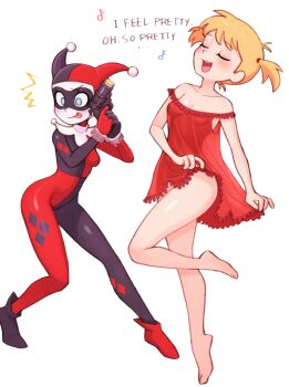 2girls asymmetrical_footwear babydoll barefoot batman:_mad_love batman:_the_animated_series batman_(series) batrobin_k blonde_hair blue_eyes bodysuit breasts cleavage commentary dc_animated_universe dc_comics domino_mask dual_persona english_text eye_mask facepaint full_body gun harley_quinn harley_quinn_(classic) harley_quinn_(nightie) highres holding holding_gun holding_weapon jester mask medium_breasts mismatched_footwear multicolored_bodysuit multiple_girls musical_note open_mouth pop_gun red_babydoll revision short_twintails sixteenth_note smile tongue tongue_out twintails two-tone_bodysuit weapon white_facepaint
