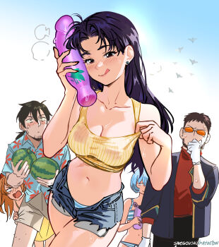 2boys 3girls annoyed artist_name ayanami_rei blush breasts brown_eyes cheek_press cleavage clothes_pull collarbone cowboy_shot crop_top cutoffs denim denim_shorts dildo exposed_pocket food forehead fruit hair_intakes hands_up hiding hiding_behind_another highres ikari_gendou kaji_ryouji katsuragi_misato licking_lips looking_at_another looking_at_viewer medium_breasts midriff multiple_boys multiple_girls navel neon_genesis_evangelion open_fly parted_bangs purple_hair ribbed_shirt sex_toy sexually_suggestive shirt shirt_pull short_shorts shorts smile snegovski souryuu_asuka_langley tank_top taut_clothes taut_shirt tinted_eyewear tongue tongue_out watermelon yellow_shirt