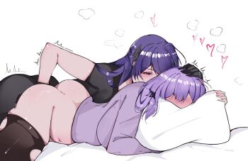 2girls absurdres acheron_(honkai:_star_rail) arnkun black_swan_(honkai:_star_rail) breasts clothed_masturbation female_masturbation fingering fingering_from_behind hair_spread_out hashtag-only_commentary highres honkai:_star_rail honkai_(series) large_breasts long_hair masturbation multiple_girls purple_hair pussy spread_legs very_long_hair yellow_eyes yuri