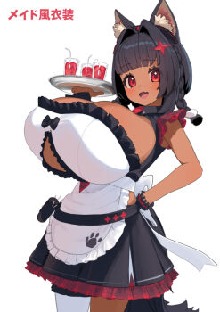 1girl animal_ear_fluff animal_ears apron arm_up black_hair black_skirt blush braid breasts cleavage clothing_cutout commentary_request cowboy_shot cup dark-skinned_female dark_skin drink drinking_glass drinking_straw fang frills gigantic_breasts hair_intakes hair_ornament hand_on_own_hip holding holding_tray lulu_kamiya maid medium_hair nanaushi open_mouth oppai_loli original paw_print red_eyes side_braids sideboob simple_background single_thighhigh skin_fang skirt smile solo tail thighhighs translation_request tray twin_braids underboob_cutout white_apron white_background white_thighhighs wolf_ears wolf_girl wolf_tail