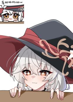 +_+ 1girl :3 blue_archive commentary_request dragonchicken02 eri_(blue_archive) hands_on_table hat highres korean_commentary large_hat light_blush long_hair peeking_out portrait reference_inset simple_background solo table wavy_hair white_background white_hair witch_hat yellow_eyes
