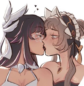 2girls artist_name bare_shoulders black_hair blue_eyes blush breasts brown_hair cleavage closed_eyes columbina_(genshin_impact) genshin_impact hair_bun heart highres kiss long_hair maid_headdress multiple_girls purple_streaks sandrone_(genshin_impact) seeliec0urts simple_background sweat white_background yuri