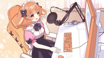 1girl :d alternate_costume back_bow black_bow black_bowtie black_skirt blush bow bowtie chair commentary computer computer_keyboard computer_mouse curtains detached_collar english_commentary frills highres himasen maid_headdress miuna_usako monitor mousepad_(object) multiple_monitors open_mouth orange_hair pink_sleeves pixellink puffy_sleeves second-party_source sitting skirt smile solo table tongue virtual_youtuber yellow_eyes