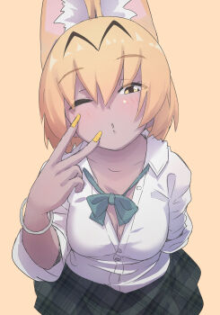 1girl absurdres animal_ears blonde_hair bracelet breasts cat_ears cat_girl cleavage extra_ears highres jewelry kemono_friends large_breasts looking_at_viewer lowlandgorilla nail_polish neck_ribbon one_eye_closed orange_background ribbon school_uniform serval_(kemono_friends) shirt short_hair simple_background skirt solo v yellow_eyes