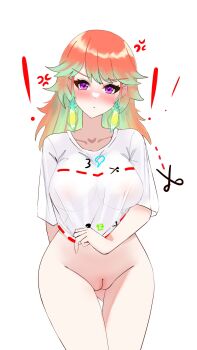 ! 1girl anger_vein angry artist_name barefoot breasts colored_inner_hair covered_erect_nipples cut-here_line dadangge earrings feather_earrings feathers full_body gluteal_fold gradient_hair green_hair hands_on_own_hips highres hololive hololive_english jewelry large_breasts like_and_retweet long_hair looking_at_viewer multicolored_hair open_mouth orange_hair oversized_clothes oversized_shirt purple_eyes pussy see-through_clothes see-through_shirt shirt solo standing takanashi_kiara twitter_cutting_game twitter_strip_game virtual_youtuber white_shirt