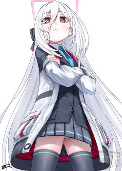 Rule 34 | 1girl, black jacket, black skirt, black thighhighs, blazer, blue archive, blue necktie, can't be this cute, closed mouth, collared shirt, commentary, crossed arms, frown, hair between eyes, halo, highres, jacket, kei (blue archive), kei (new body) (blue archive), long hair, long hair between eyes, long sleeves, looking at viewer, miniskirt, necktie, ore no imouto ga konna ni kawaii wake ga nai, panties, pantyshot, parody, pink eyes, pink halo, pleated skirt, rectangular halo, ringed eyes, school uniform, shirt, signature, simple background, skirt, solo, split mouth, straight hair, thighhighs, underwear, very long hair, watermark, white background, white hair, white jacket, white panties, white shirt, zombie mogura