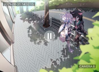 Rule 34 | absurdres, animal ears, black choker, black hair, black hoodie, black pantyhose, blue archive, cat ears, cat girl, choker, green sailor collar, halo, highres, hood, hoodie, kazusa (blue archive), medium hair, neckerchief, pantyhose, pink hair, pink halo, pink neckerchief, purple hair, purple halo, reisa (blue archive), sailor collar, skirt, sukeban (smg) (blue archive), white skirt, whonyang, yuri