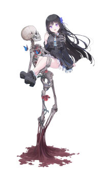 1girl :d absurdres black_boots black_hair black_jacket black_skirt blunt_bangs blunt_ends boots bug butterfly carrying commentary_request flower frilled_skirt frills hand_up highres insect jacket long_hair long_sleeves mikisai open_clothes open_jacket open_mouth original pleated_skirt princess_carry purple_eyes red_flower red_rose rose simple_background skeleton skirt smile socks solo white_background white_socks