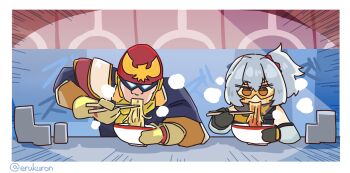 1boy 1girl bowl captain_falcon chibi chopsticks crossover detached_sleeves f-zero food food_stand gloves grey_hair helmet highres holding holding_bowl lcron nintendo noodles orange_eyes ponytail ramen side_ponytail sitting sleeveless soldier_11_(zenless_zone_zero) zenless_zone_zero