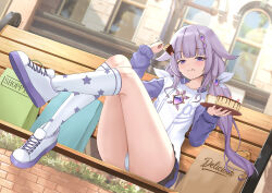 Rule 34 | 1girl, cake, eating, food, frilled skirt, frills, gem hair ornament, highres, holding, holding cake, holding food, hololive, hololive english, joko jmc, koseki bijou, long hair, long sleeves, looking at viewer, outdoors, panties, pantyshot, purple eyes, purple hair, purple shirt, purple skirt, shirt, sitting, skirt, smile, socks, solo, star (symbol), tongue, tongue out, twintails, two-tone shirt, underwear, virtual youtuber, white panties, white shirt, white socks