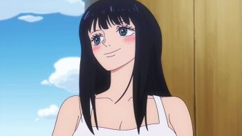 animated animated_gif anime_screenshot bare_shoulders black_hair blinking blue_eyes blunt_bangs blush closed_eyes cloud cloudy_sky collarbone day long_hair looking_afar looking_to_the_side looking_up nico_robin one_piece shirt sky sleeveless sleeveless_shirt smile tank_top white_shirt