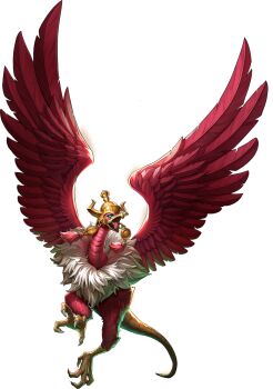 Rule 34 | artist request, bird, blue eyes, demon (megami tensei), fake horns, feathers, gold helmet, helmet, highres, horned helmet, horns, jatayu (megami tensei), no humans, official art, open mouth, persona, persona 5, persona 5: the phantom x, red feathers, shin megami tensei, solo, tail, tassel, third-party source, tongue, transparent background, white feathers