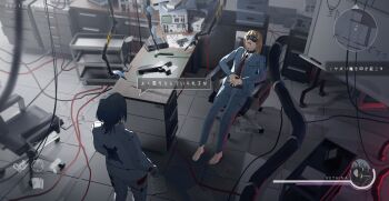 2girls absurdres antique_firearm asteroid_ill barefoot belt belt_buckle black_hair blonde_hair blue_jacket blue_pants book buckle cable chair collared_shirt commentary_request desk firearm firelock flintlock from_above from_behind gloves gun handgun heads-up_display highres indoors jacket long_hair minimap multiple_girls necktie office_chair original pants radio red_necktie rethina_(asteroid_ill) science_fiction shirt short_hair sitting sleep_mask speech_bubble standing swivel_chair timestamp translation_request tube user_interface weapon white_shirt whiteboard