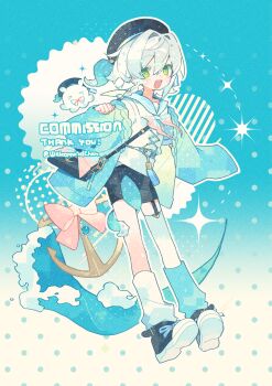 1girl :d absurdres anchor asymmetrical_legwear black_hat black_shoes black_shorts blue_background blue_bow blue_bowtie blue_jacket blue_sailor_collar bow bowtie commission double-parted_bangs full_body green_eyes hair_between_eyes hand_up hat highres jacket long_hair long_sleeves looking_at_viewer loose_socks meimei_(wakamoid) open_clothes open_jacket open_mouth original red_bow sailor_collar shirt shoes shorts single_sock single_thighhigh smile sneakers socks solo standing thank_you thighhighs twitter_username uneven_legwear white_hair white_shirt white_socks white_thighhighs