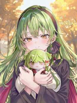 1girl absurdres black_hairband blurry blurry_background breasts brown_coat character_doll closed_mouth coat commentary_request doll earrings green_hair hairband highres holding holding_doll hugging_doll hugging_object jewelry large_breasts long_hair long_sleeves looking_at_viewer merchandise_available momoko_(momopoco) original purple_nails smile solo translation_request upper_body yellow_eyes yukari_(momoko)