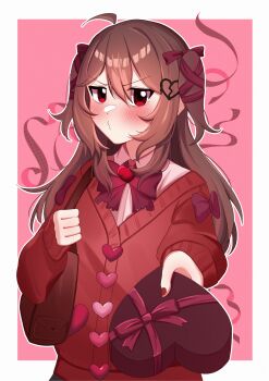 Rule 34 | 1girl, absurdres, adapted costume, ahoge, bag, blush, border, bow, bowtie, box, box of chocolates, broken heart, broken heart hair ornament, brown bag, brown hair, buttons, cardigan, closed mouth, collared shirt, commentary, cowboy shot, english commentary, evil neuro-sama, fashaeli, foreshortening, furrowed brow, hair between eyes, hair bow, hair ribbon, heart, heart-shaped box, heart button, highres, holding strap, incoming gift, long hair, looking at viewer, neuro-sama, o3o, outline, outside border, outstretched arm, pink background, red bow, red bowtie, red cardigan, red eyes, red nails, red ribbon, ribbon, school uniform, shirt, shoulder bag, single hair intake, sleeve bow, solo, torn bowtie, tress ribbon, tsundere, two side up, v-shaped eyebrows, valentine, vedal ai, white border, white outline, white shirt