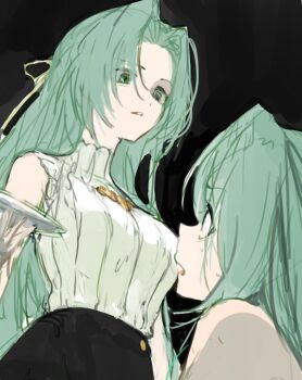 Rule 34 | 2girls, bare shoulders, black background, black skirt, breasts, commentary request, green eyes, green hair, higurashi no naku koro ni, holding, korean commentary, kuzuvine, large breasts, long hair, looking at another, looking down, looking up, multiple girls, parted bangs, parted lips, scared, shirt, siblings, simple background, sisters, skirt, sleeveless, sleeveless shirt, sonozaki mion, sonozaki shion, twins, white shirt